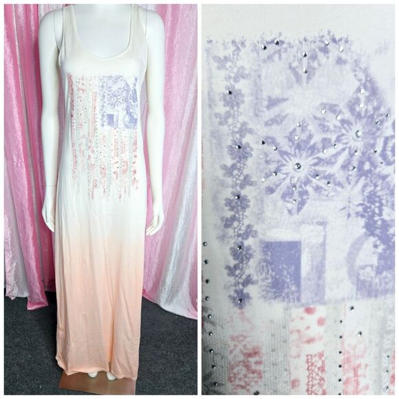 Miss Me Ombre Tye-dye Rhinestone Floral Print Maxi Tank Dress Size Medium - Picture 1 of 16